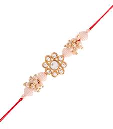 Gold Plated Ethnic Designer Pearl Kundan Rakhi Bracelet for Brother/Men (R015W-R)