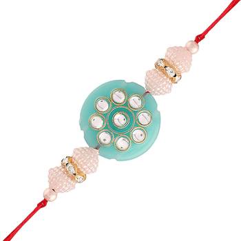 Gold Plated Ethnic Designer Pearl Kundan Rakhi Bracelet for Brother/Men (R017-R) 2