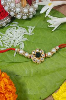 Ethnic Designer Pearl Kundan Rakhi Bracelet for Brother/Men (R014G-R)