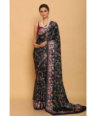 Black Japan Satin All Over Birds Printed Saree With Seprate Blouse 1