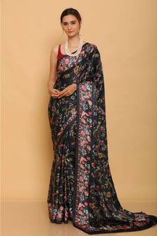 Black Japan Satin All Over Birds Printed Saree With Seprate Blouse