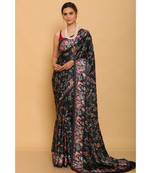 Black Japan Satin All Over Birds Printed Saree With Seprate Blouse
