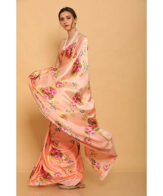 Orange Japan Satin All Over Flower Printed Saree With Seprate Blouse 1