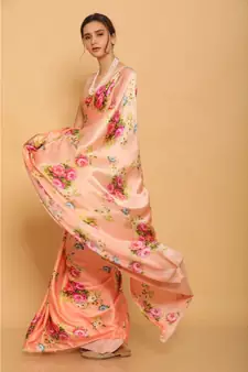 Orange Japan Satin All Over Flower Printed Saree With Seprate Blouse