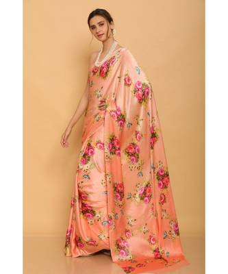 Orange Japan Satin All Over Flower Printed Saree With Seprate Blouse 2