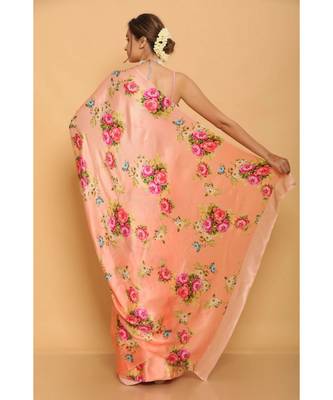 Orange Japan Satin All Over Flower Printed Saree With Seprate Blouse 3