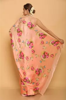 Orange Japan Satin All Over Flower Printed Saree With Seprate Blouse