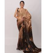 Chocolate Japan Satin All Over  Rose And  Leaf Printed Saree With Seprate Blouse