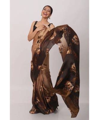 Chocolate Japan Satin All Over  Rose And  Leaf Printed Saree With Seprate Blouse 2