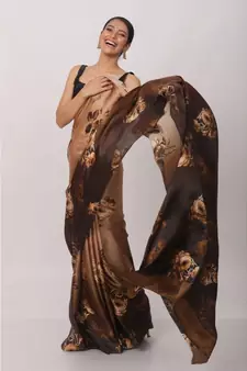 Chocolate Japan Satin All Over  Rose And  Leaf Printed Saree With Seprate Blouse