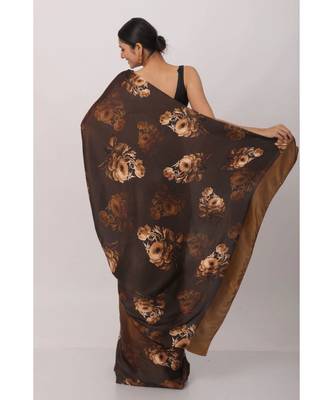 Chocolate Japan Satin All Over  Rose And  Leaf Printed Saree With Seprate Blouse 3