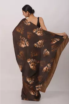 Chocolate Japan Satin All Over  Rose And  Leaf Printed Saree With Seprate Blouse