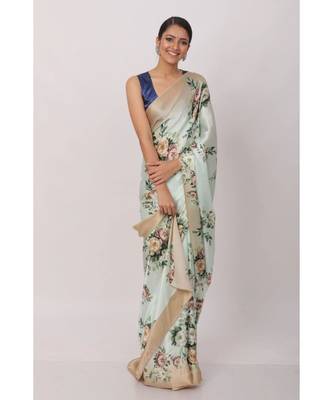 Sky Blue  Satin All Over Flower Printed Saree With Seprate Blouse 1