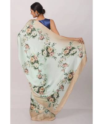 Sky Blue  Satin All Over Flower Printed Saree With Seprate Blouse 2