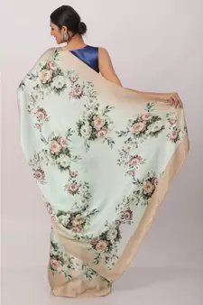 Sky Blue  Satin All Over Flower Printed Saree With Seprate Blouse