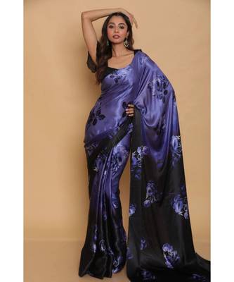 Purple Japan Satin  All Over  Flower  printed Saree With Seprate Blouse 1