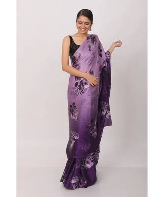 Pueple Satin All Over Rose Printer Saree With Seprate Blouse 1