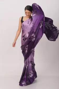 Pueple Satin All Over Rose Printer Saree With Seprate Blouse