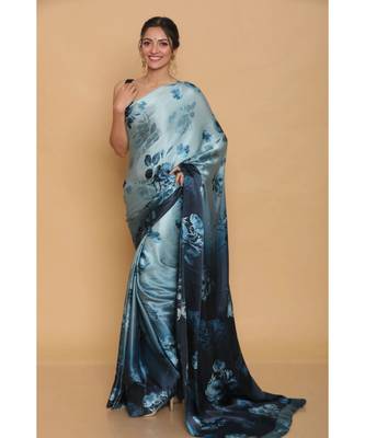 Light Blue Japan Satin All Over Printed Saree With Seprate Blouse 1