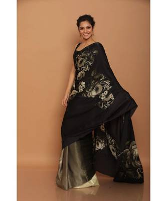 Black  Japan Satin All Over  Rose  and Leaf Printed Saree With Seprate Blouse 1