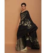 Black  Japan Satin All Over  Rose  and Leaf Printed Saree With Seprate Blouse