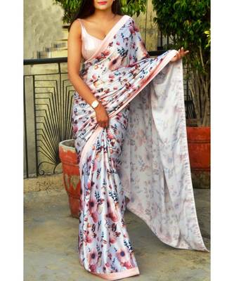 White Satin All Over Rose And Leaf  Printed  Saree With  Seprate  Blouse 1