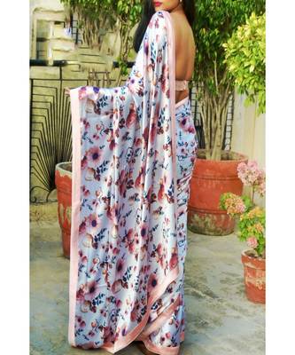 White Satin All Over Rose And Leaf  Printed  Saree With  Seprate  Blouse 2
