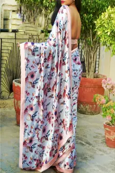 White Satin All Over Rose And Leaf  Printed  Saree With  Seprate  Blouse