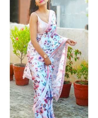 White Satin All Over Rose And Leaf  Printed  Saree With  Seprate  Blouse 4
