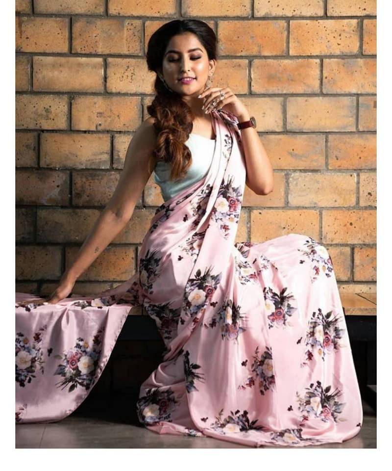 Baby Pink Printed Japan Satin All over  Flower Printed Saree With Seprate Blouse