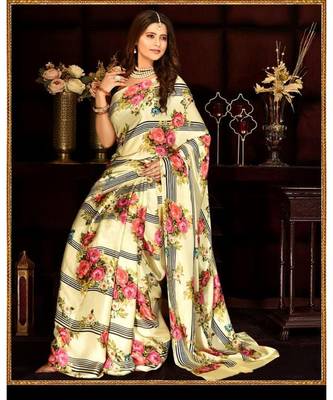 Yellow Japan Satin  Printed All Over Rose  Saree With Seprate Blouse 1