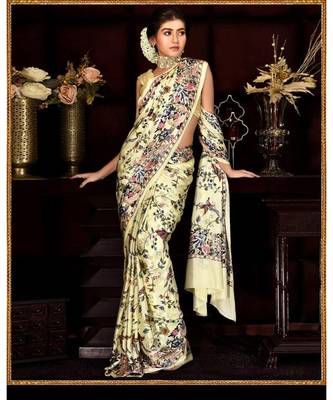 Yellow Japan  Satin All Ower Flower Design Printed  Saree With Seprate Blouse 1