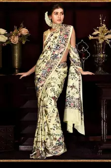Yellow Japan  Satin All Ower Flower Design Printed  Saree With Seprate Blouse