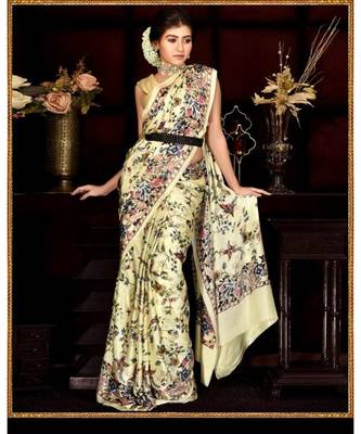 Yellow Japan  Satin All Ower Flower Design Printed  Saree With Seprate Blouse 2