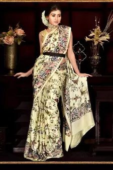 Yellow Japan  Satin All Ower Flower Design Printed  Saree With Seprate Blouse