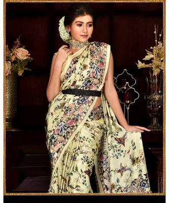 Yellow Japan  Satin All Ower Flower Design Printed  Saree With Seprate Blouse 3