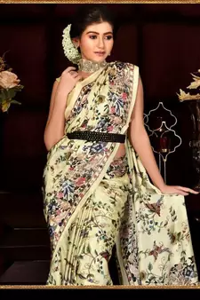 Yellow Japan  Satin All Ower Flower Design Printed  Saree With Seprate Blouse