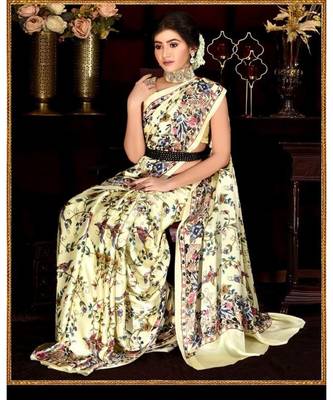 Yellow Japan  Satin All Ower Flower Design Printed  Saree With Seprate Blouse 4