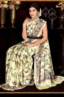Yellow Japan  Satin All Ower Flower Design Printed  Saree With Seprate Blouse