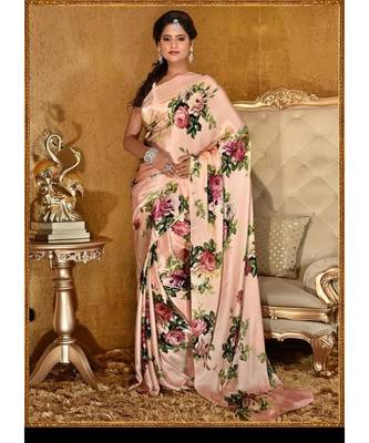 Peace  Printed Japan Satin All Ower  Rose Printes Saree With Seprate Blouse 1