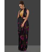 Black Japan Satin  All Over Flower  Printed Saree With Seprate Blouse