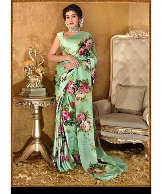 Pista  Satin  Printed All  Over  Rose Printed Saree With Seprate Blouse 1