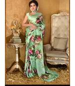 Pista  Satin  Printed All  Over  Rose Printed Saree With Seprate Blouse