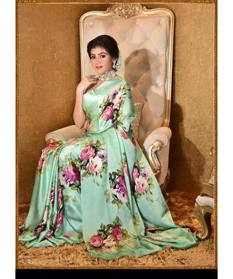Pista  Satin  Printed All  Over  Rose Printed Saree With Seprate Blouse 2