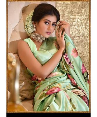 Pista  Satin  Printed All  Over  Rose Printed Saree With Seprate Blouse 3