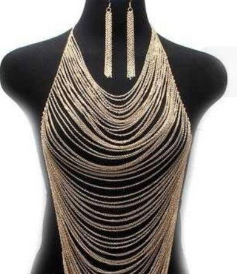 Trendy Gold Body Chains cum Necklace  and Earrings