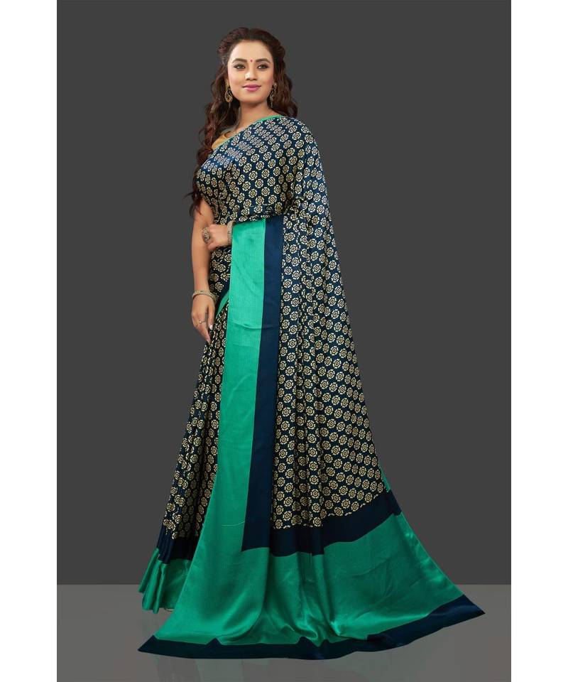 Nevy Blue Japan Satin  All Over Flower Printed With Seprate Blouse