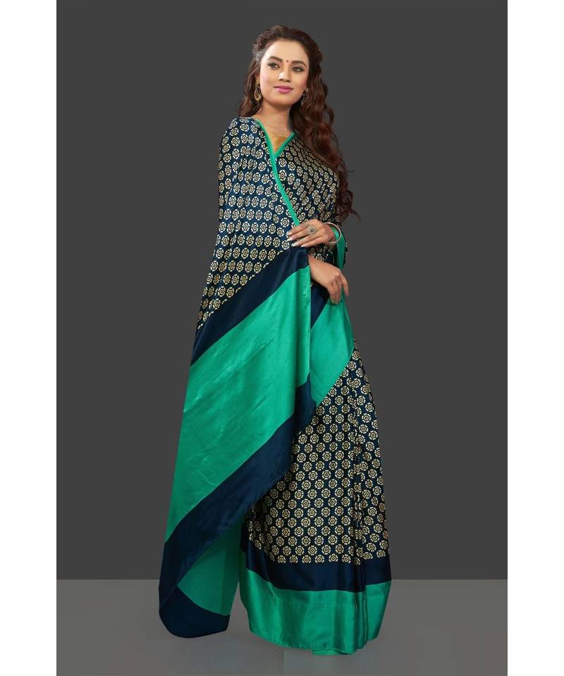 Nevy Blue Japan Satin  All Over Flower Printed With Seprate Blouse