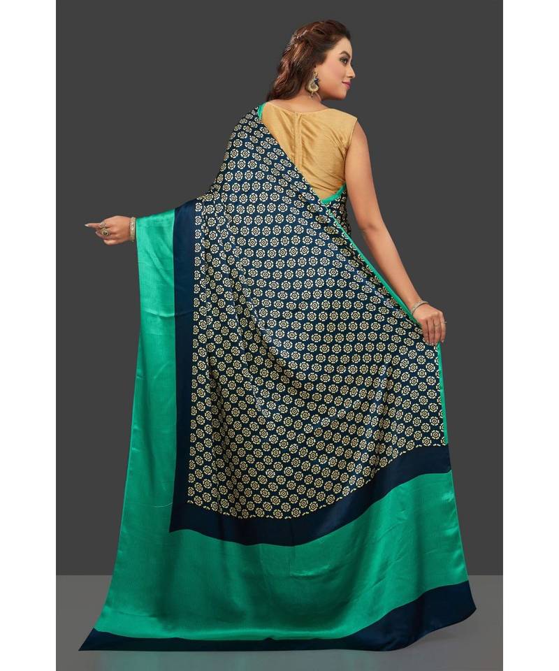 Nevy Blue Japan Satin  All Over Flower Printed With Seprate Blouse