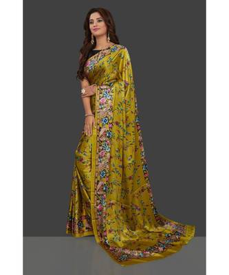 Mehandi Japan Satin Rose And Leaf All Over Printed With Seprate Blouse 1